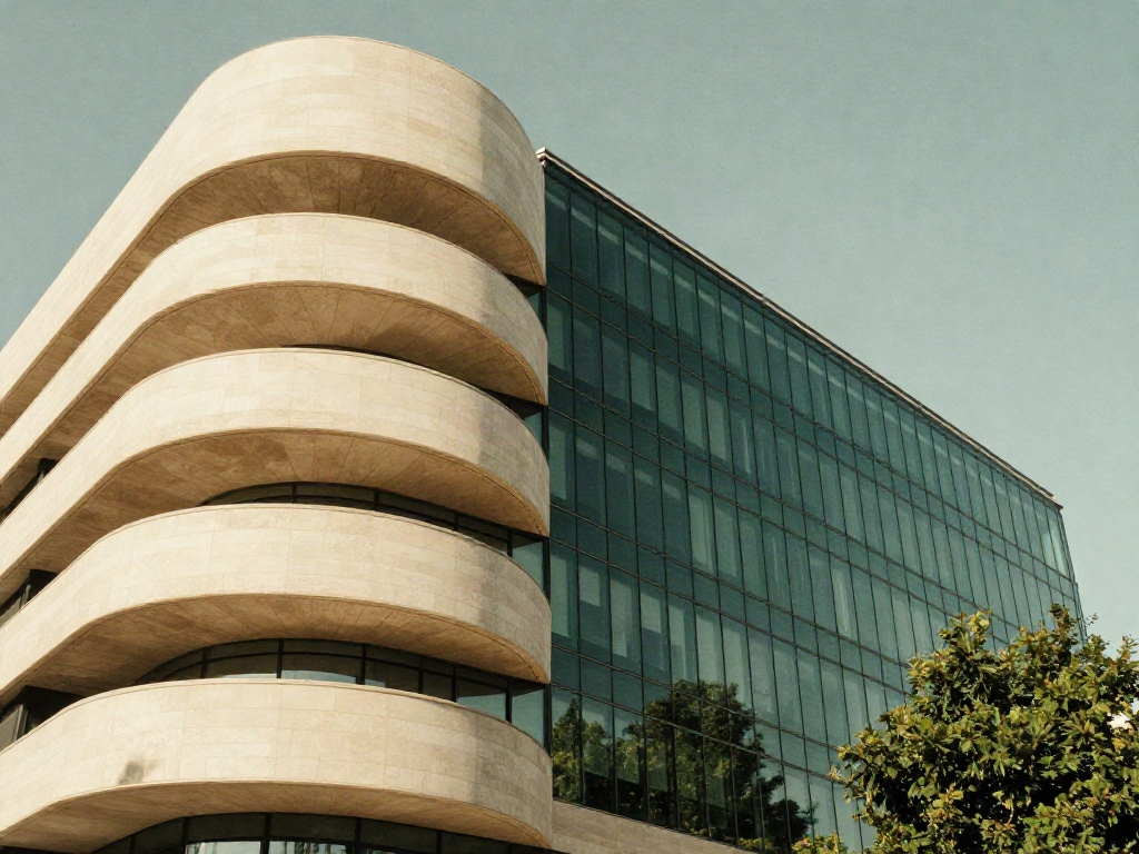 Sweeping ivory architecture and green glass of a contemporary corporate building